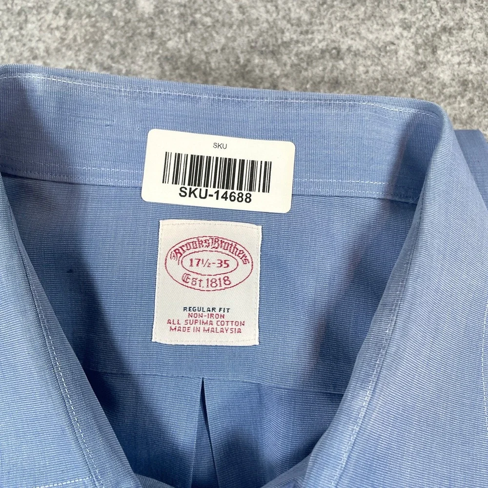 Brooks Brothers Mens Button Down 17.5 35 Regular Fit Non-Iron French Cuff Blue